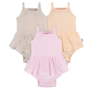 3-Pack Baby Girls Purple, Oatmeal, & Peach Sleeveless Skirted Onesies® Bodysuits