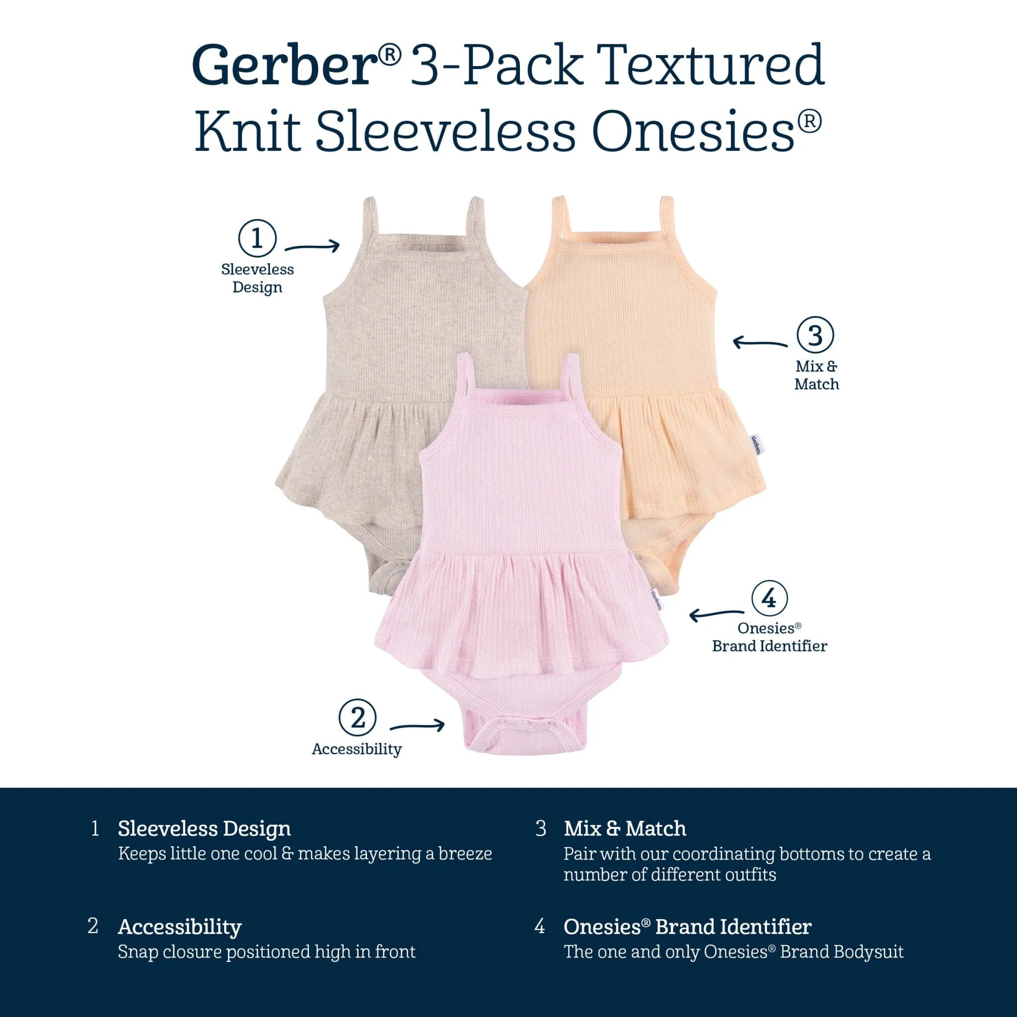 3-Pack Baby Girls Purple, Oatmeal, & Peach Sleeveless Skirted Onesies® Bodysuits