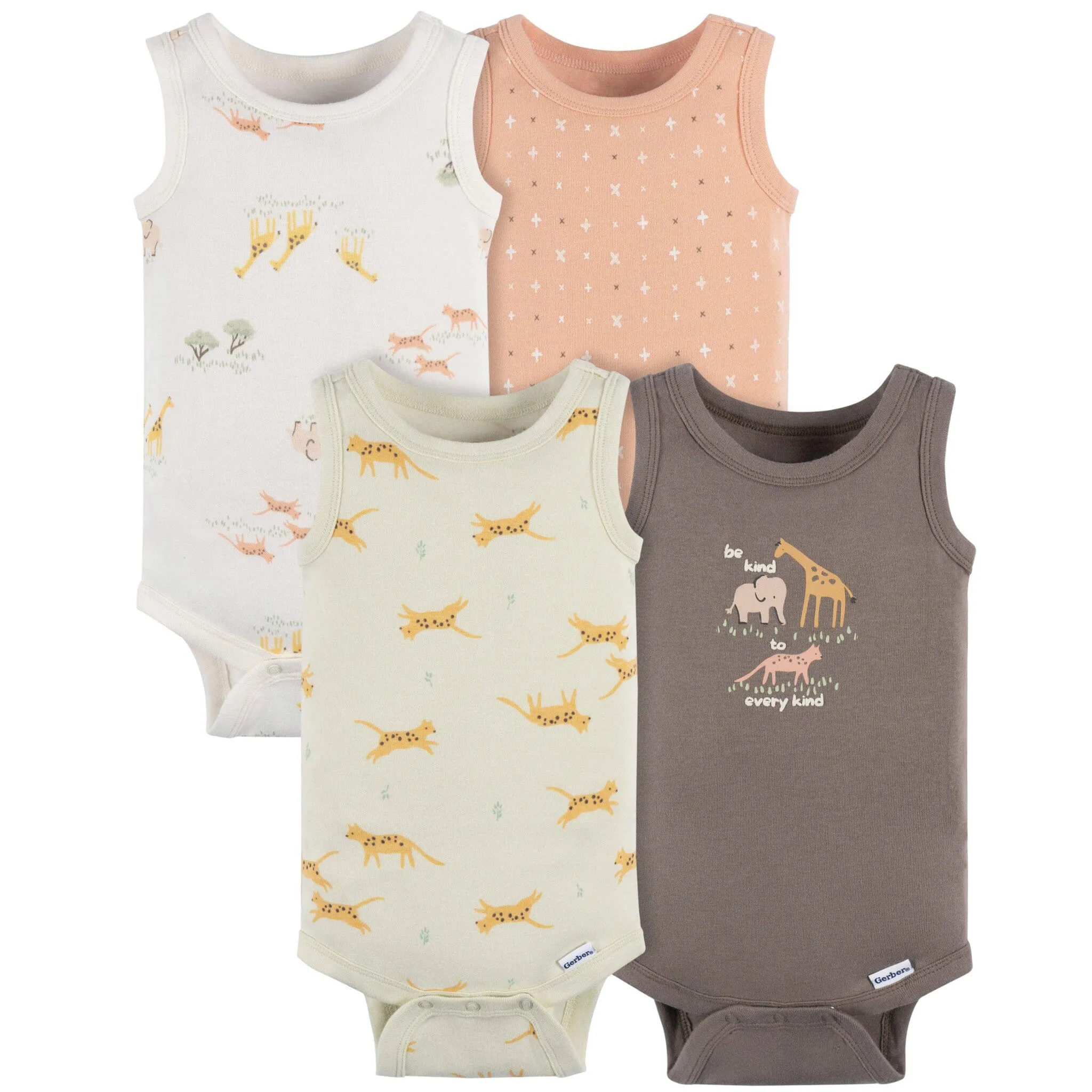 4-Pack Baby Neutral Ivory Safari Sleeveless Onesies® Bodysuits