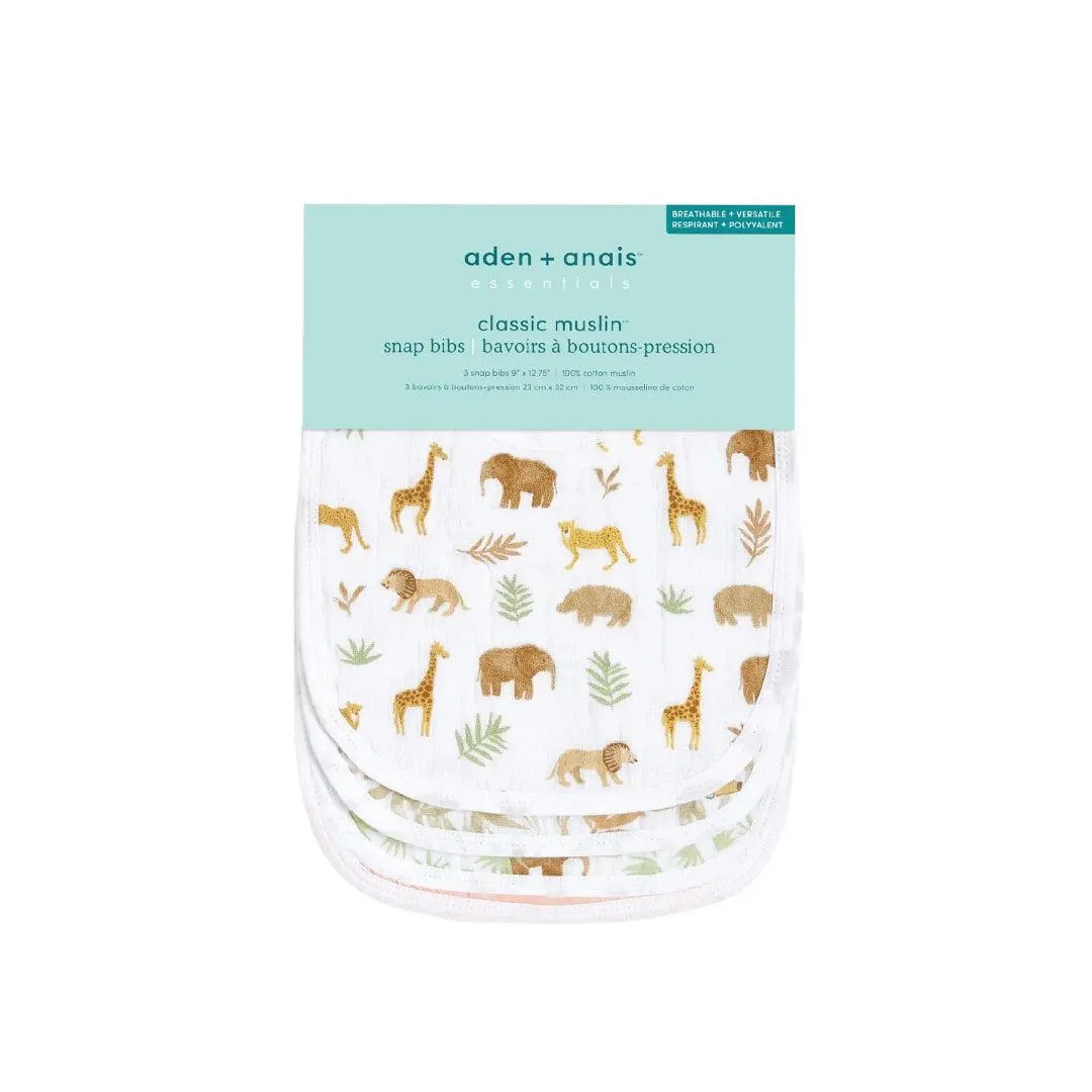 aden   anais Essentials Cotton Muslin Baby Snap Bibs - 3 Pack - Tanzania