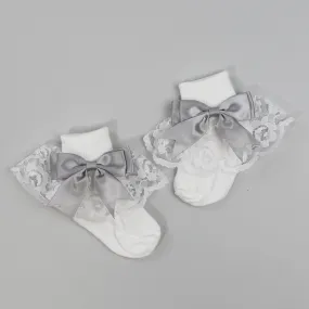 Baby Girl Fancy White Ankle Socks With Grey Satin Bow