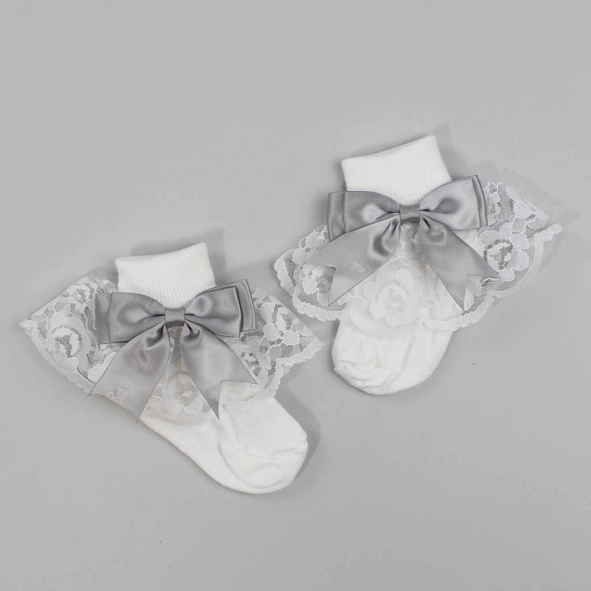 Baby Girl Fancy White Ankle Socks With Grey Satin Bow
