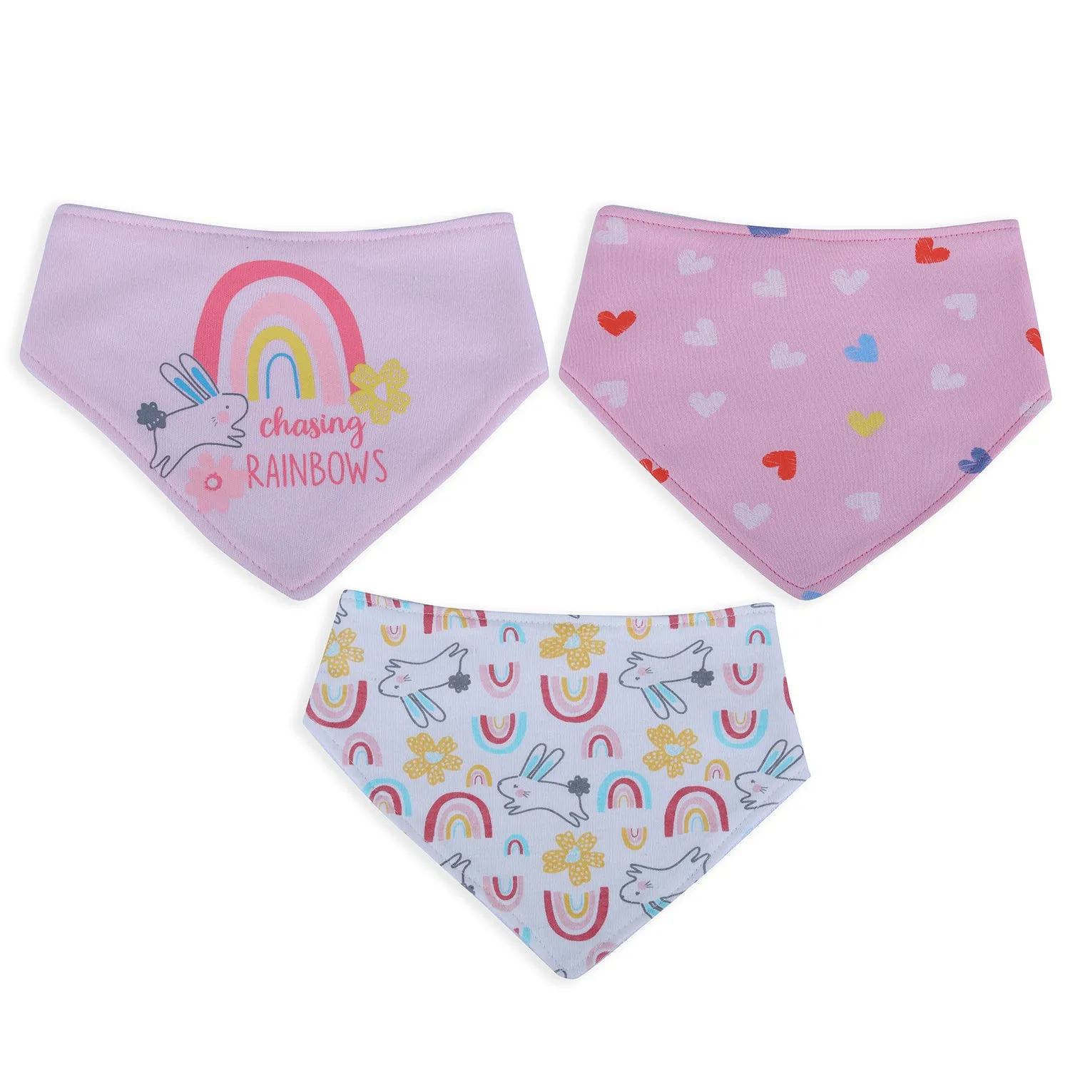 Baby Moo Bunny Chasing Rainbow  Cotton 3 Pack Bandana Bibs - Pink