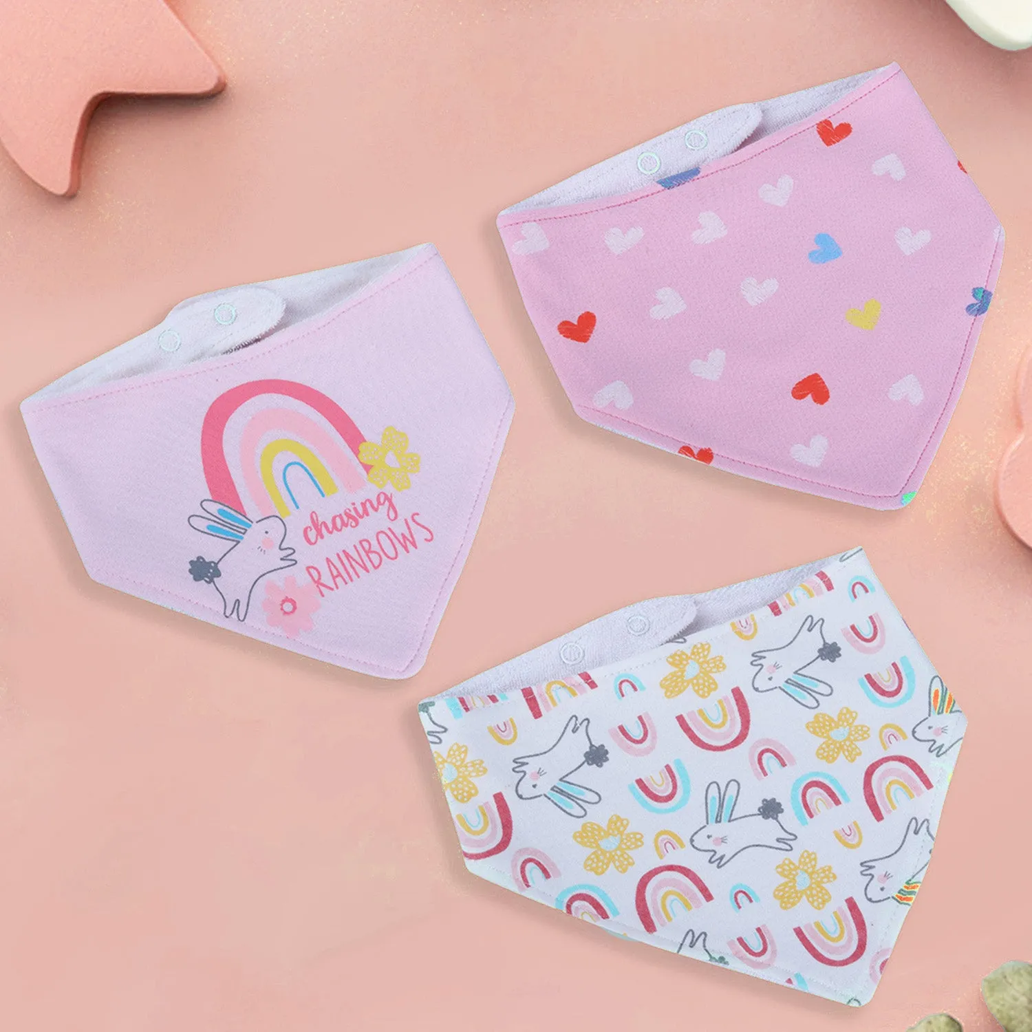 Baby Moo Bunny Chasing Rainbow  Cotton 3 Pack Bandana Bibs - Pink