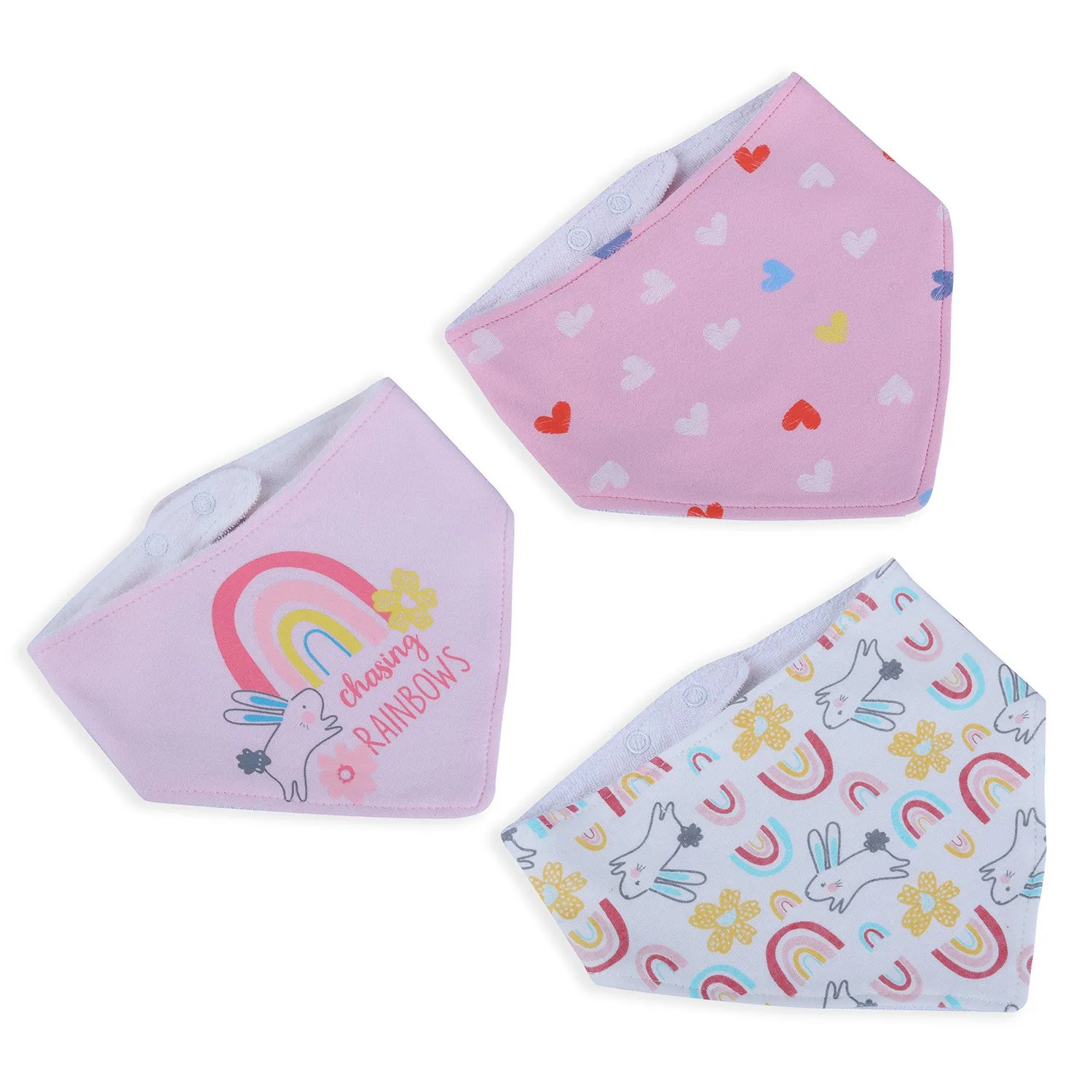 Baby Moo Bunny Chasing Rainbow  Cotton 3 Pack Bandana Bibs - Pink