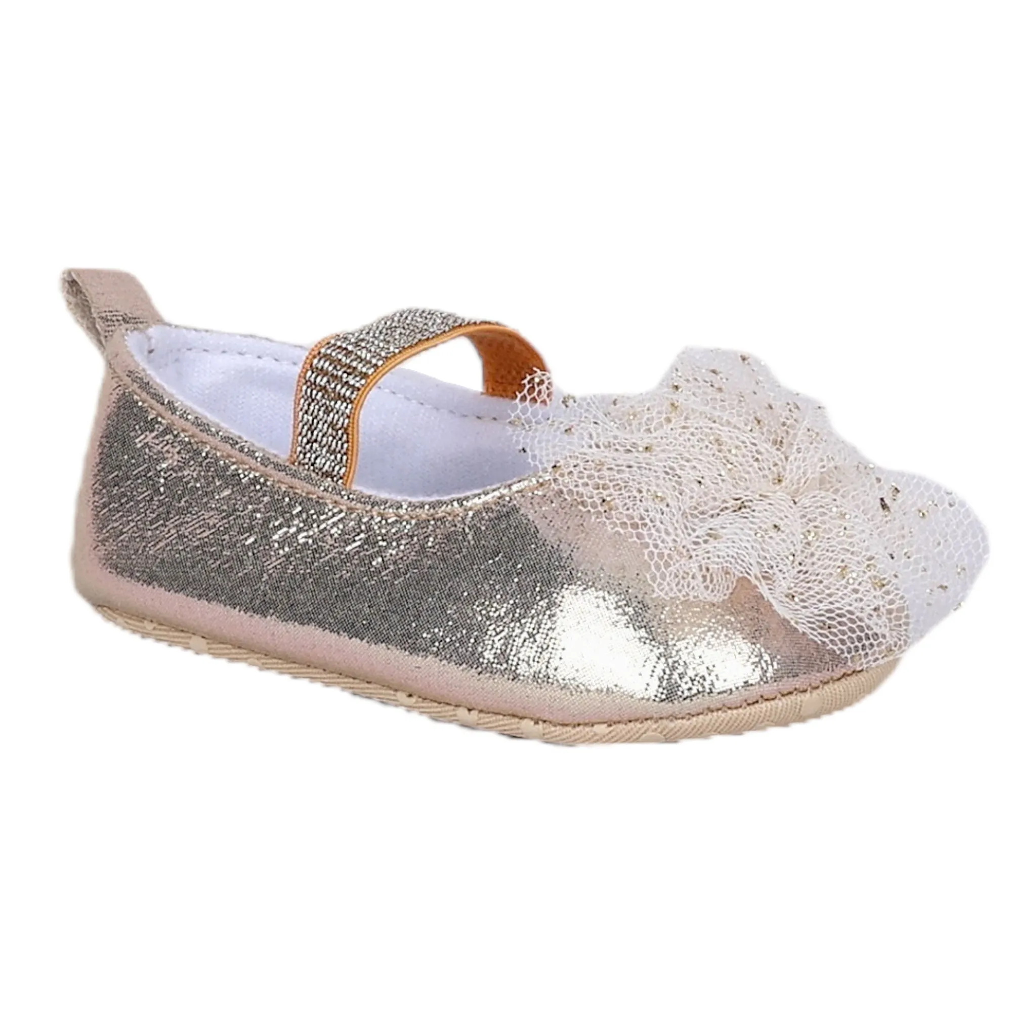 Baby Moo Embellished Flower Elastic Strap Gllittery Ballerina Booties - Gold, Metallic