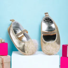 Baby Moo Embellished Flower Elastic Strap Gllittery Ballerina Booties - Gold, Metallic