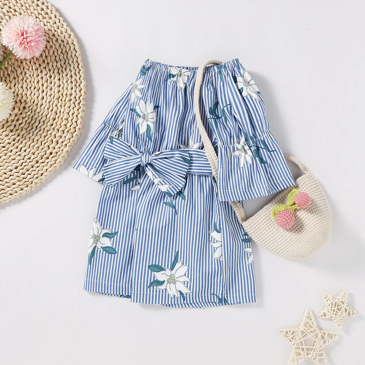 Baby / Toddler Floral Print Striped Off Shoulder Onesies
