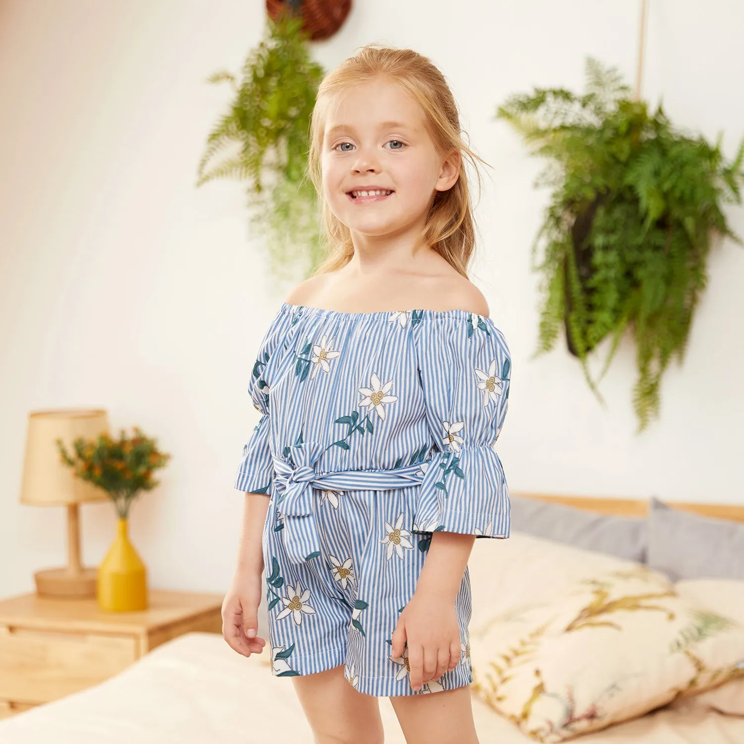 Baby / Toddler Floral Print Striped Off Shoulder Onesies
