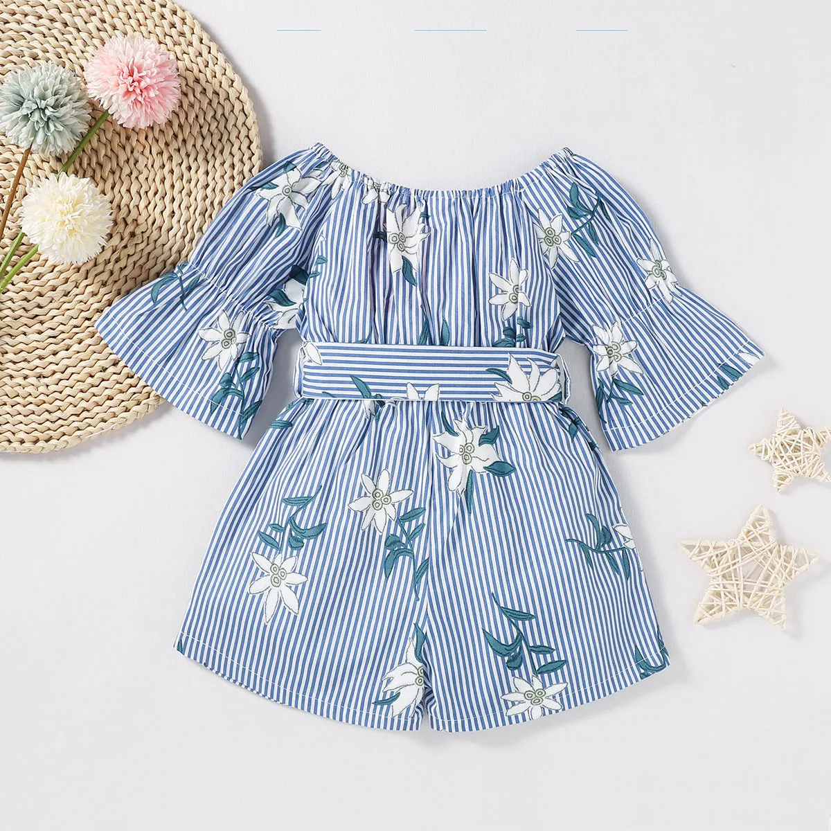 Baby / Toddler Floral Print Striped Off Shoulder Onesies