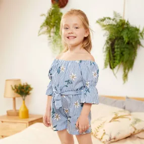 Baby / Toddler Floral Print Striped Off Shoulder Onesies