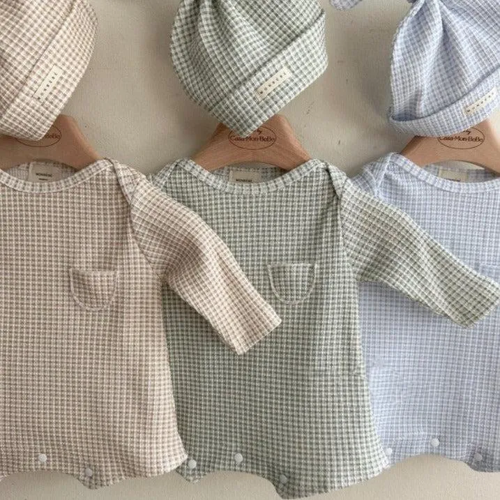 Bel Waffle Cotton Baby Romper and Knotted Hat (Sage)