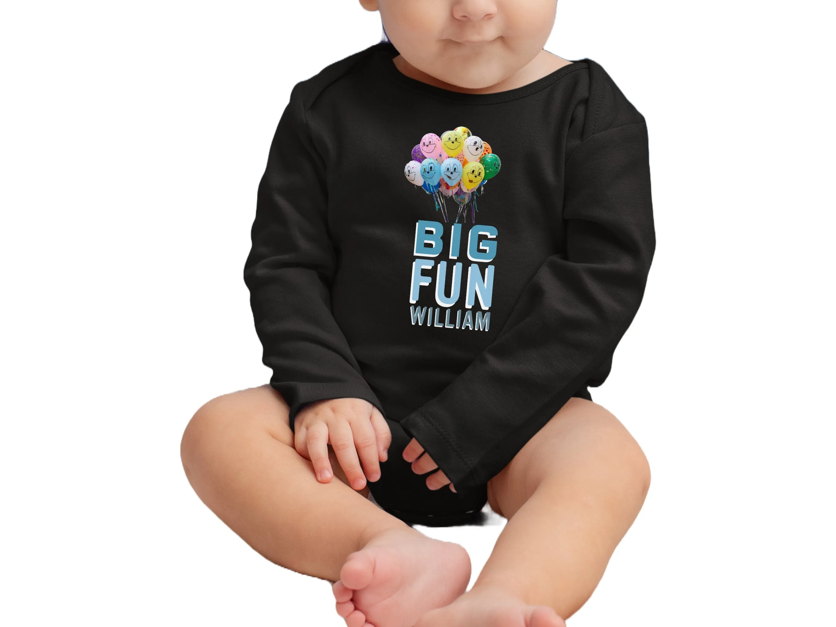 Custom Baby Name Boys Long Sleeve Bodysuit with Big Fun Black