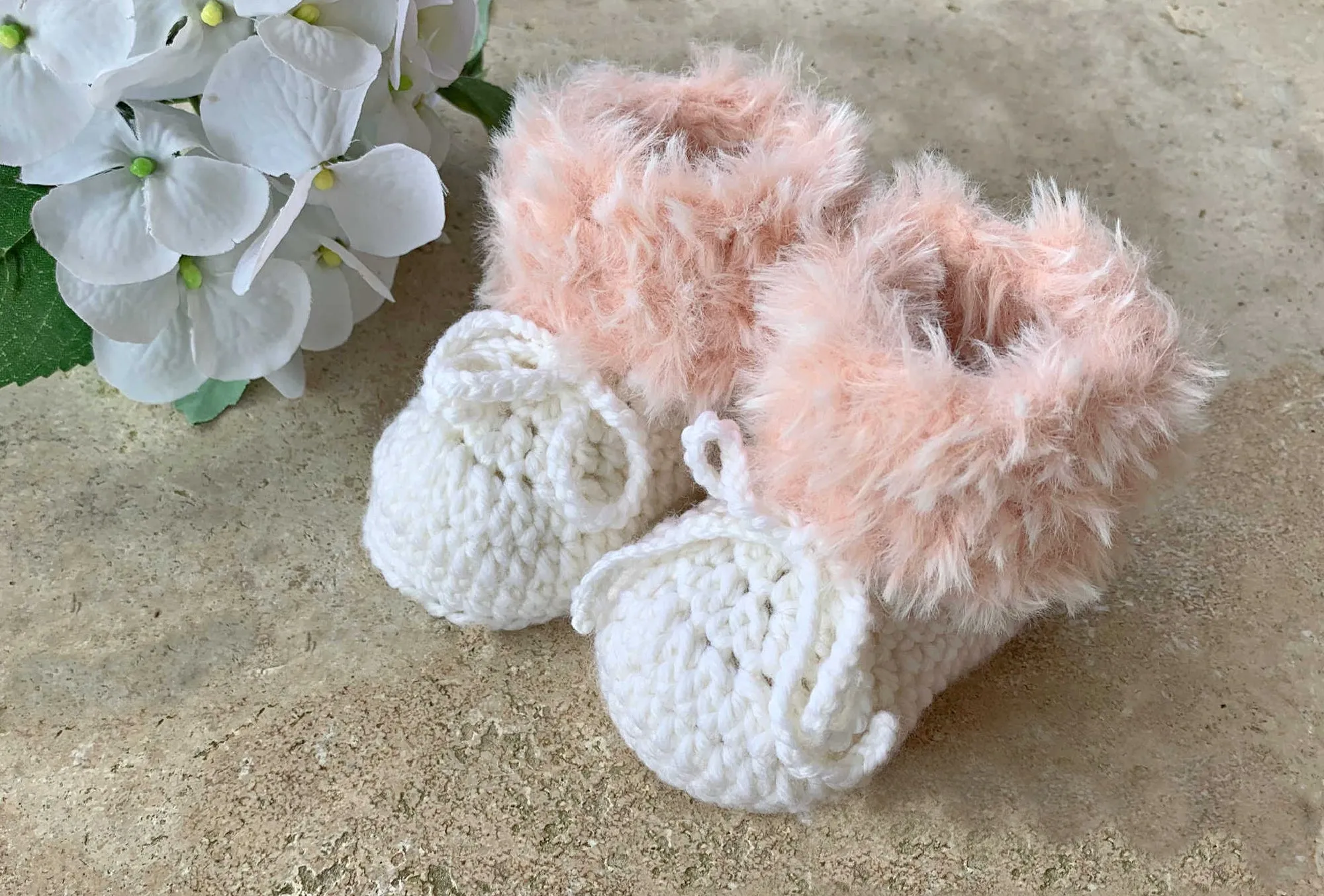 Fur Crochet baby booties, Pink fur booties