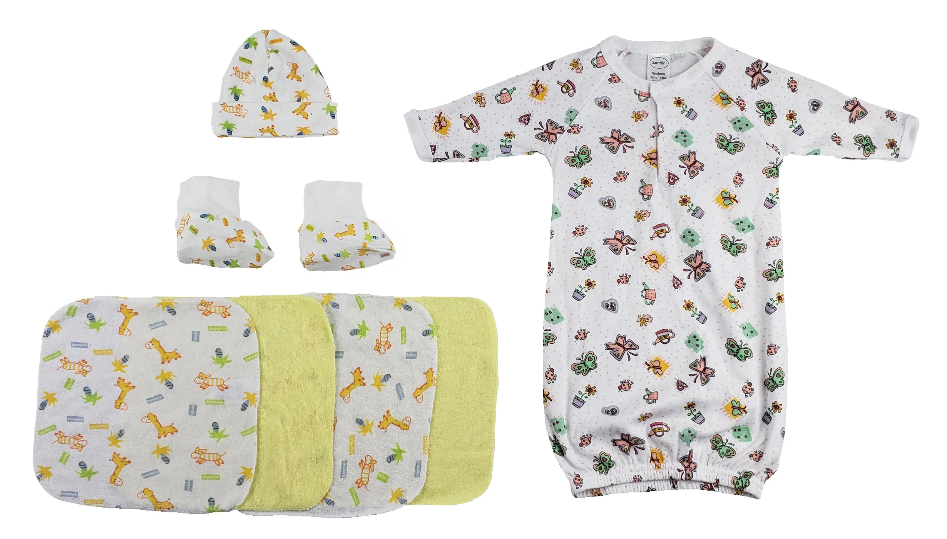 Gown, Cap Booties and Washcloths - 7 Pc Set