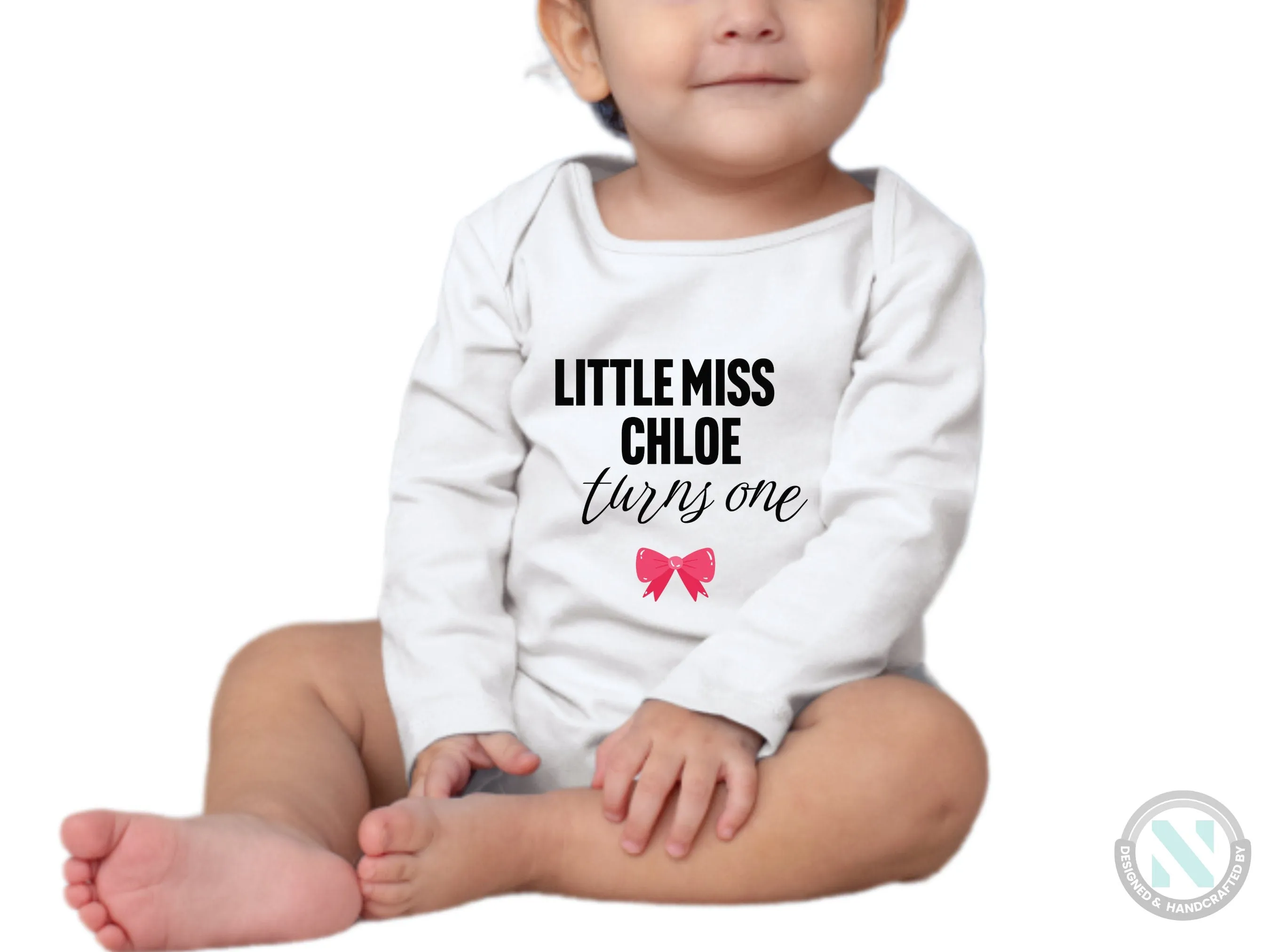 Personalize Long Sleeve Bodysuit for Girls with Baby Name and text "Little Miss"