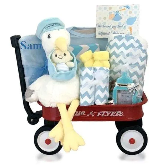Personalized Stork Delivery Mini Radio Flyer Wagon Gift Basket - Boy