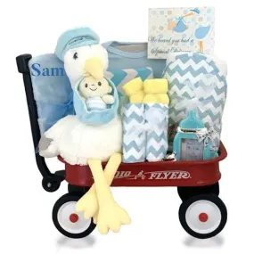 Personalized Stork Delivery Mini Radio Flyer Wagon Gift Basket - Boy