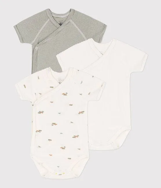 Wrapover Short-Sleeved Printed Cotton Bodysuit - Pack of 3 (Hippos)